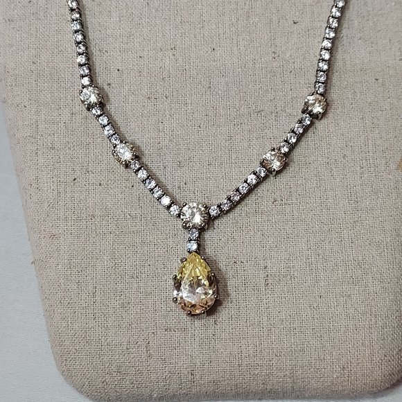 Sterling Cut CZ Tennis Necklace with Lemon Quartz Pear Drop